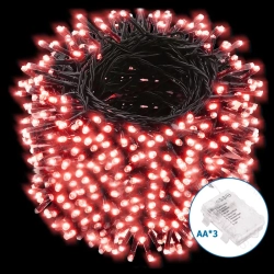 Lampki choinkowe sznur 300LED na 3 baterie AA czerwone 15M